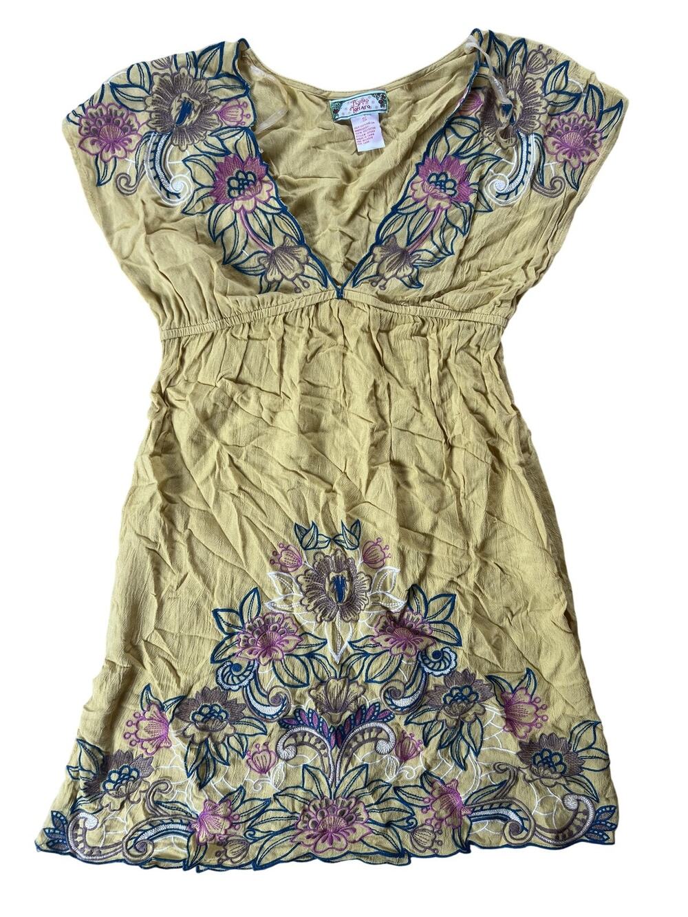 Flying Tomato Tunic Womens S Yellow Embroidered Kimono Sleeve V-Neck Rayon